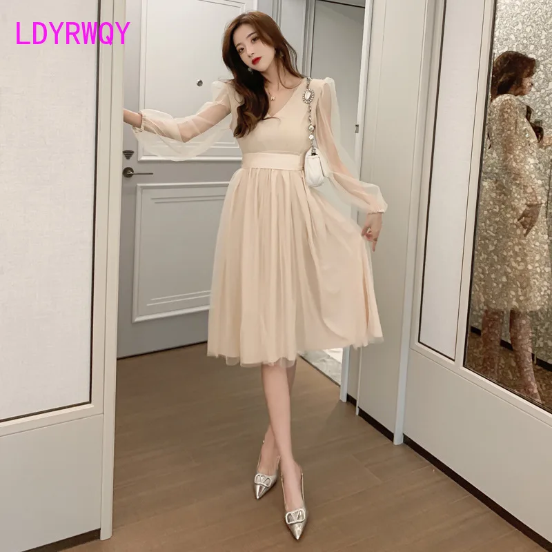 

nun Polyester Office Lady Knee-Length 2020 autumn/winter new white apricot fairy mesh dress Office Lady Polyester
