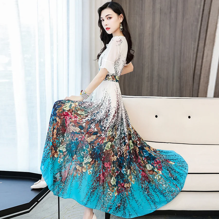 Женское шифоновое платье макси в стиле бохо элегантное винтажное облегающее с