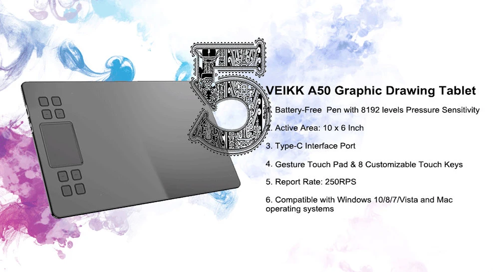 VEIKK A50 графический планшет для рисования с 8192 чувствительностью к давлению(пассивная ручка без батареи) цифровой планшетный компьютер периферийные устройства