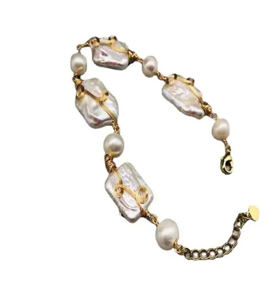 

jewelry Hand woven 14k Gold injection 100% Natural freshwater Baroque Pearl bracelet for women