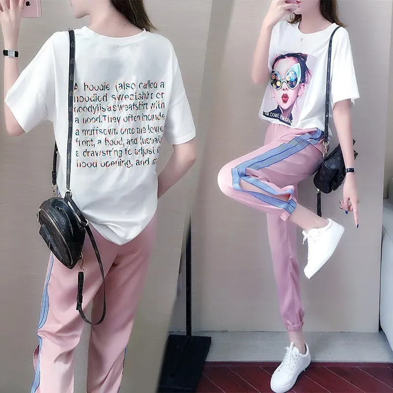 

Summer New Casual T-shirt Nine-point Pants Two Piece Set Women Clothes Kpop Loose Fashion Sweet Style Girls Set Trend Streetwear