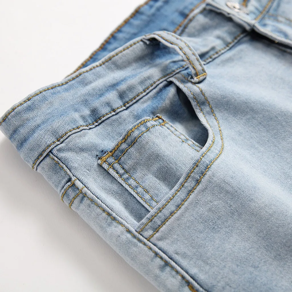 Уличная синяя вышивка цветок дизайнер молния мыть джинсы для мужчин Высокое