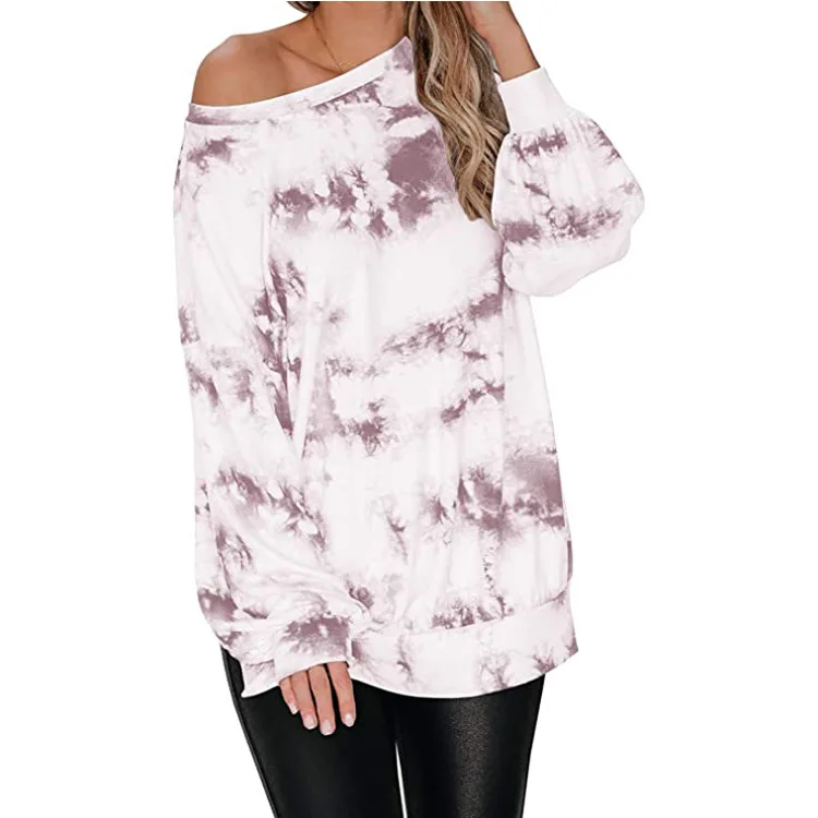 

Fashion Sexy Tie-Dye Lantern Sleeves Side Slit O Neck Women's T-Shirt Tops Autumn New Casual Loose Gradient Ladies Street Tops