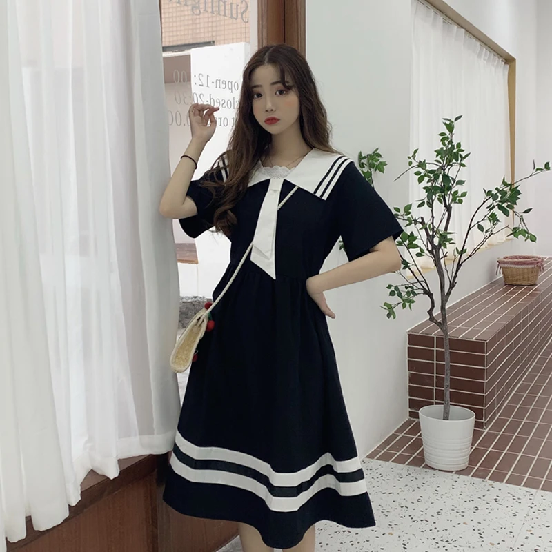 

2020 Korean New Summer College Style Sweet Sailor Collar Short Sleeve Vintage Dress Mori Cute Girl Lace Up Splice Kawaii Dress