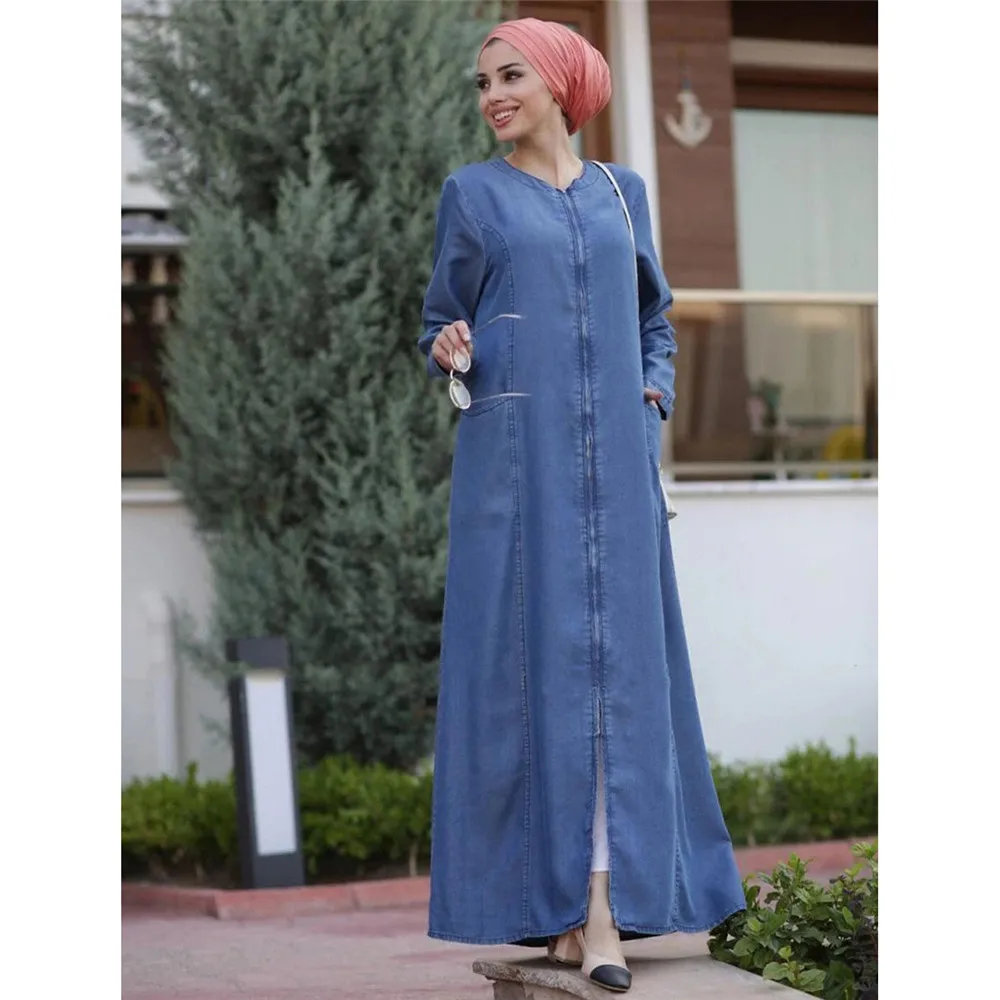 Denim Abaya Women Long Sleeve Maxi Dress Muslim Kaftan Dubai Zipper Robe Casual Jilbab Arab Gown Islamic Clothing Eid Ramadan