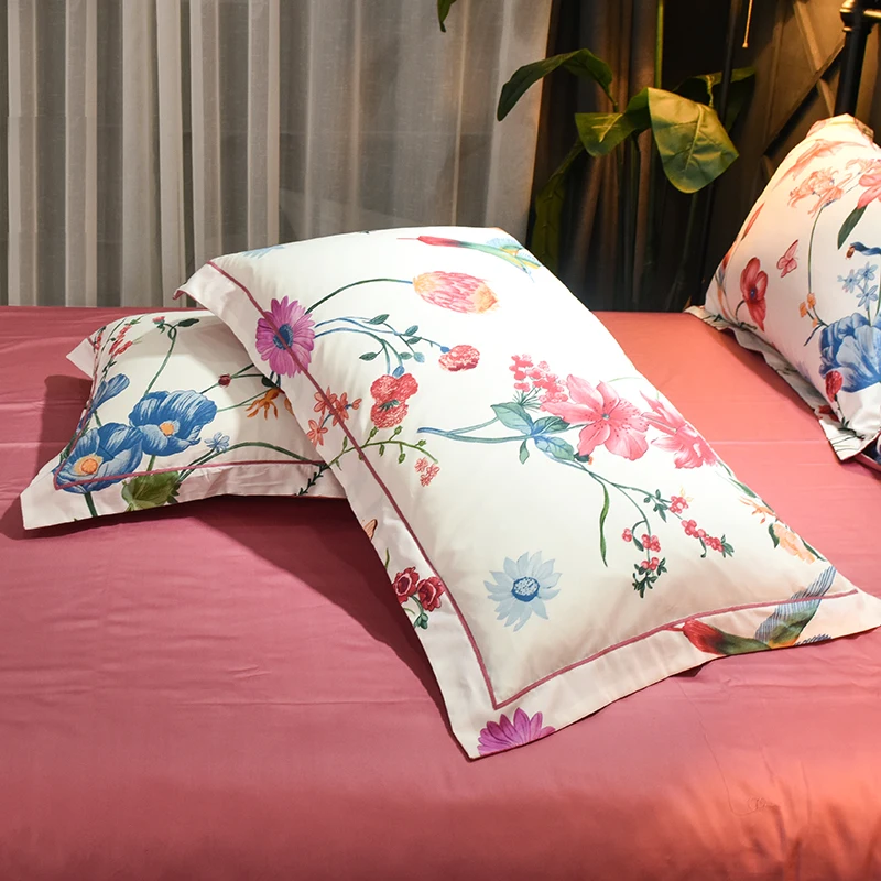 Розовый принт серии 600TC Египетский хлопок Мягкий пододеяльник простыня набор