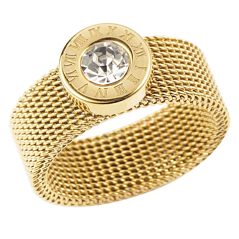 

Stainless Steel Gold Color Ring Big Round Crystal Mesh Finger Ring Roman Numerals Rings for Women Men Fashion Brand Jewelry