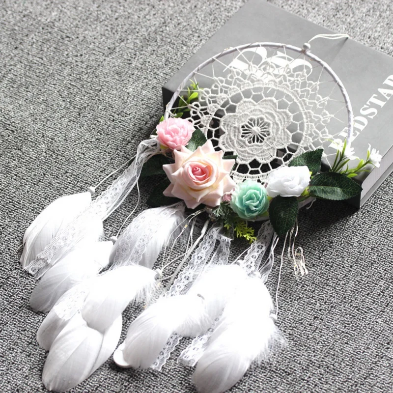 

Handmade Dream Catchers Feather Bohemia Dreamcatcher With Artificial Flowers Lace Tassel For Wall Hanging Wedding Decoration HH