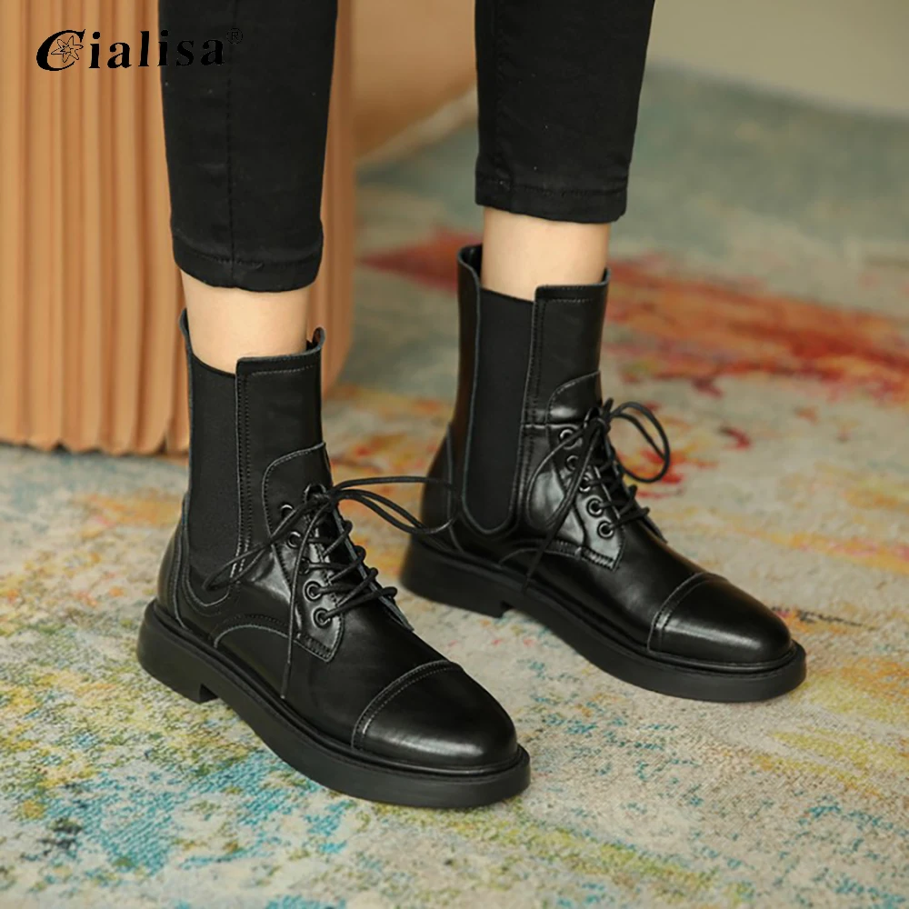 

CIALISA Women Shoes Patent Leather Round Toe Mid Heel Ankle Boot 2020 Fashion Autumn Winter Lace Up Chunky Heel Women Boots