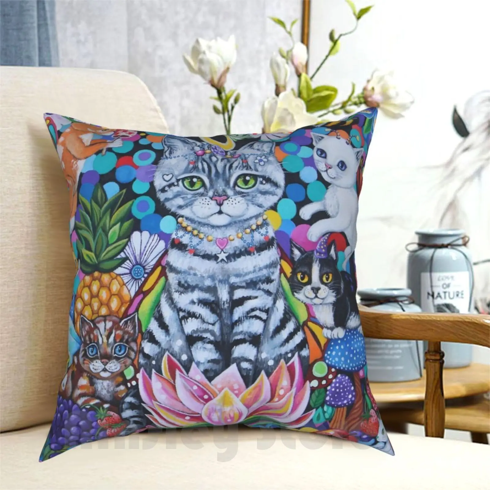 

Garden Gathering Pillow Case Printed Home Soft Throw Pillow Cat Kittens Goddess Fantasy Pop Art Color Colourful Patterns
