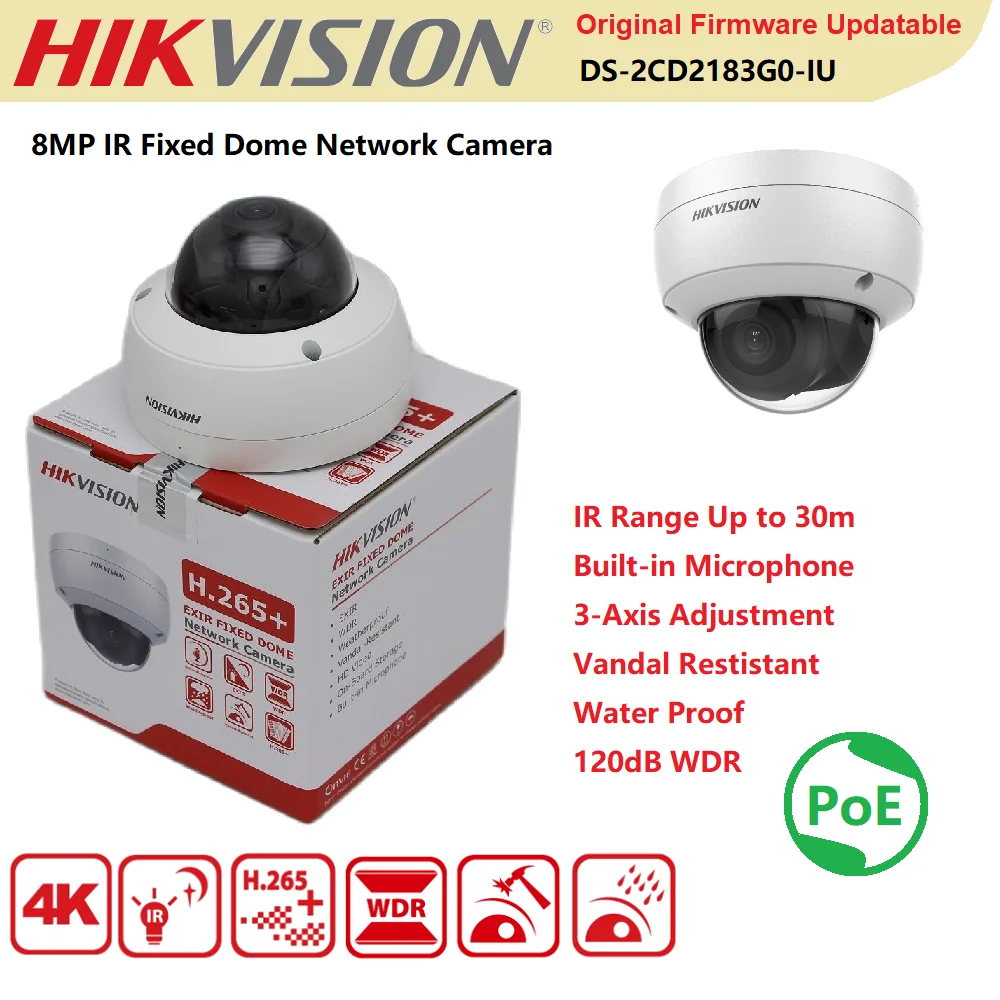 

Hikvision IP Camera 4K DS-2CD2183G0-IU 8MP POE-IR WaterProof IP66 Vandal Resistant IK10 Network Surveillance Doom Built-in Mic