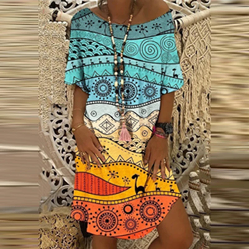 

2021 Spring Half Sleeve Off Shoulder Party Dress Women Colorful Print Irregular Mini Dress Retro O-neck A-Line Summer Dress 3XL