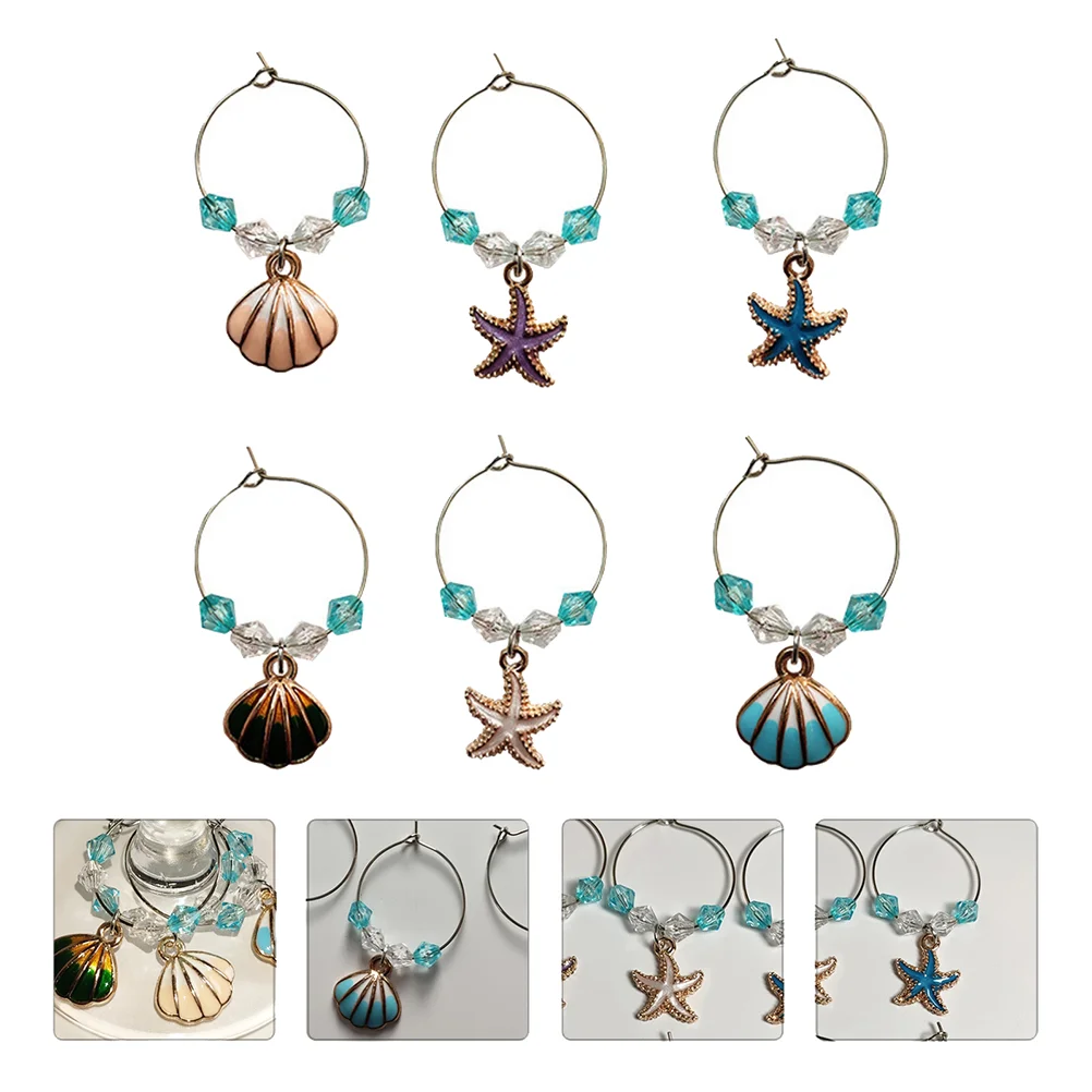 

6Pcs Shell Pendant Glass Rings Identify Label Ring Ocean Style Glass Marker