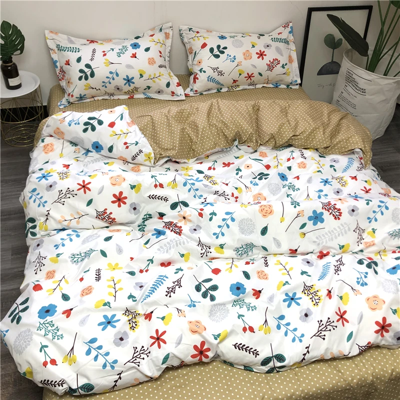 

4 Pcs Bedding Set For Single Bed Queen Size cartoon Flowers pattern Duvet Cover And Pillowcase For Double Bed