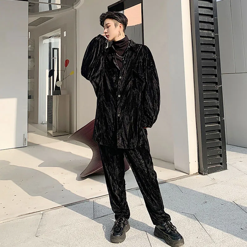 Мужская бархатная рубашка с длинным рукавом и прямые брюки комплект из 2