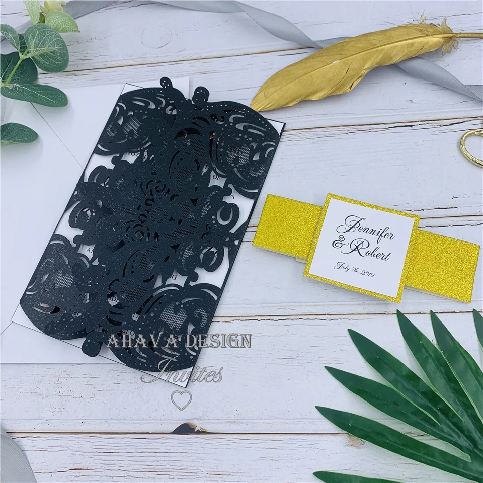 Elegant And Gorgeous Black Invites With Laser Cut Wrap Glitter Belly Band Free Design | Дом и сад