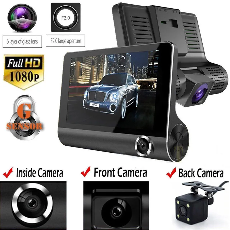 

Новый 4,0 дюймовый 1080P 3 объектива Full HD Автомобильный видеорегистратор камера 170 градусов заднего вида автомобильная видеокамера G-сенсор фот...