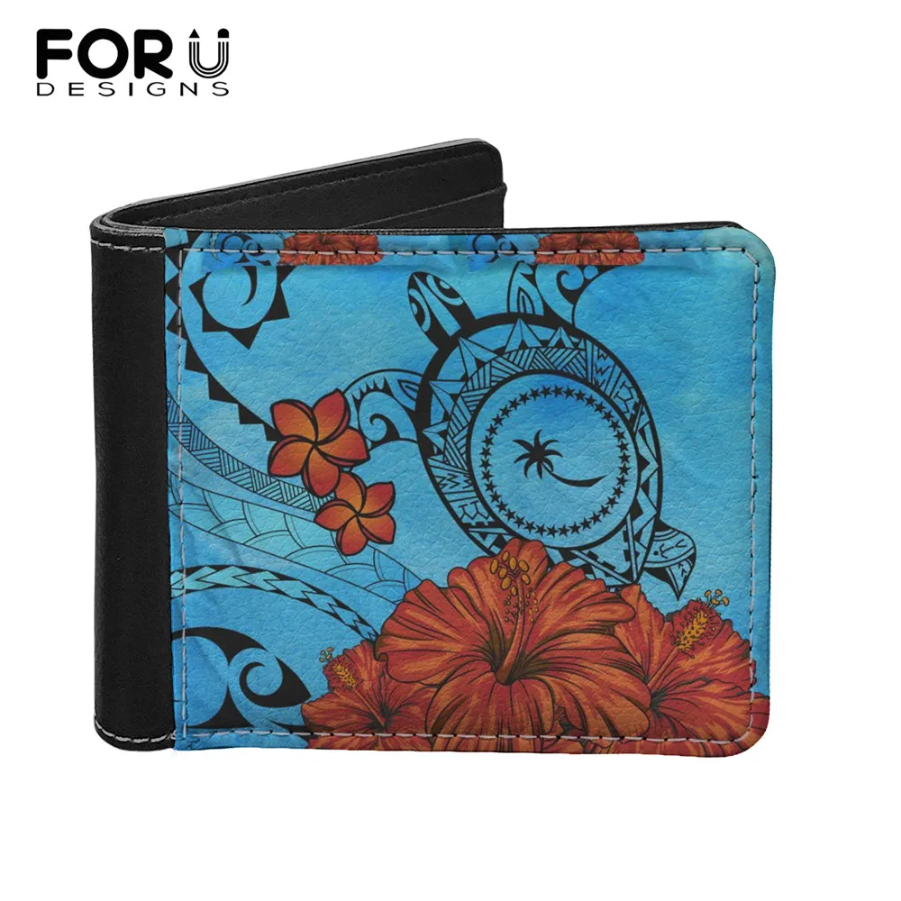 

FORUDESIGNS Slim Purse for Men Hibiscus with Chuuk Tribe Sea Turtle Print Leather Coin Purses Small Bifold Money Bag Card Holder