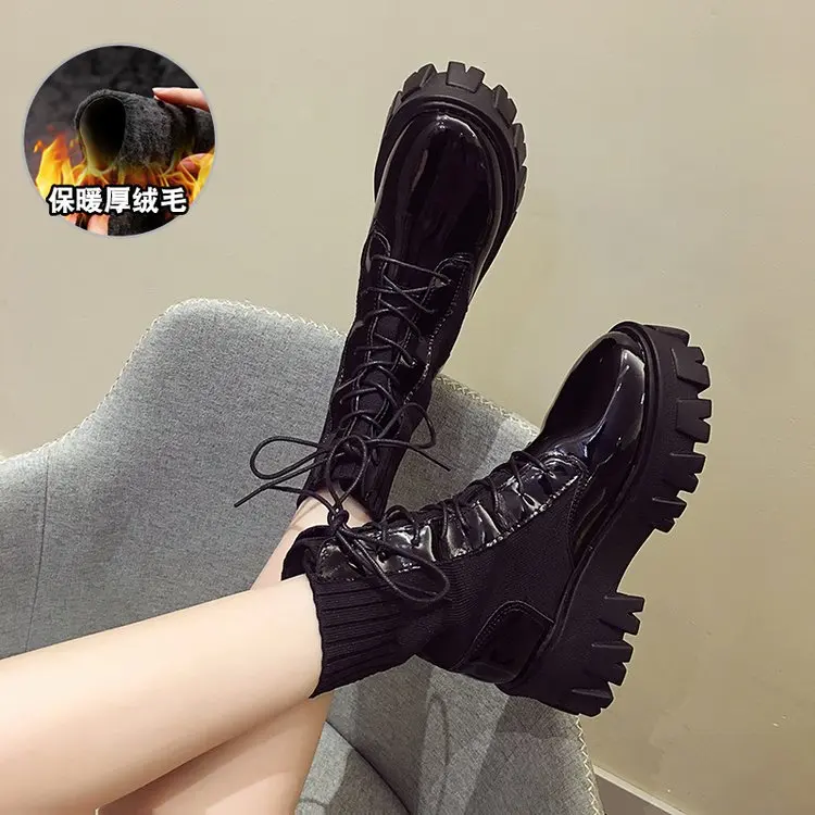 

Size 35-40 2021 Woman Leather Ankle Boots Fashion Shoes Woman Short autumn Winter Warm Boots Platform Heel Footwear