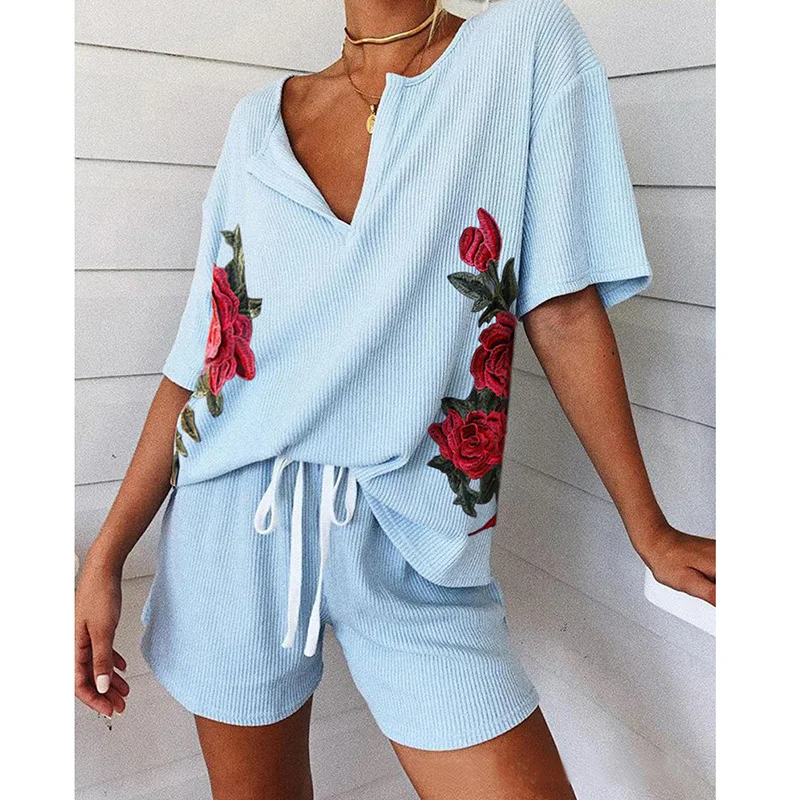 

Summer Women Short Sleeve Avocado Print V-neck Tracksuit Short Sleeve Drawstring Pajamas Set Casual Two Piece Set