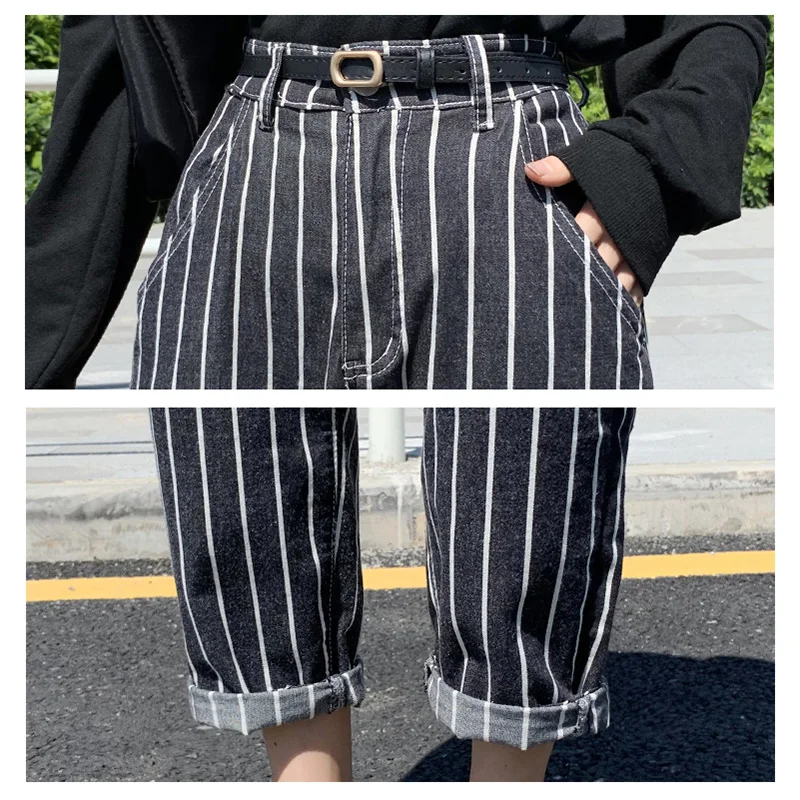 Винтажные полосатые женские джинсы шаровары прямые джинсовые брюки с высокой