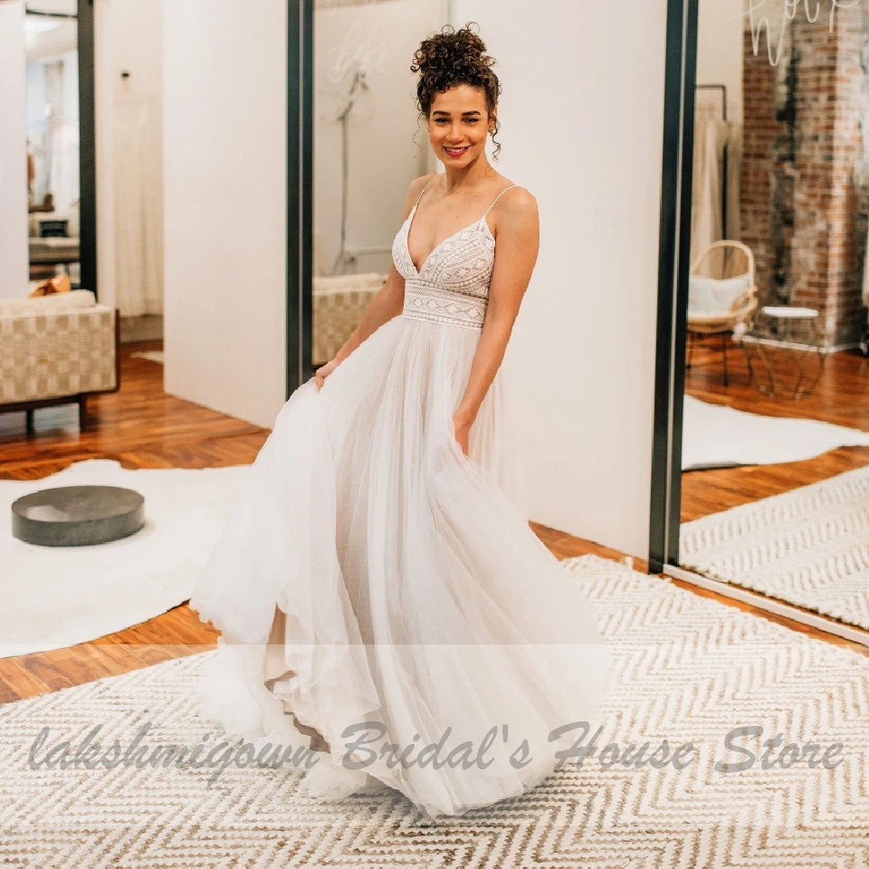 

Lakshmigown Robe Longue Boho Wedding Dress Lace Bodice Sexy Bridal Dress Vestidos White Beach Wedding Dress Spaghett Straps 2020