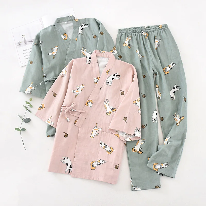 Cotton Gauze Spa Cat Print Women Pajamas Set Half Sleeve Yukata Cardigan Long Pants Absorbent Harajuku Woman Sleepwear Sets 2021