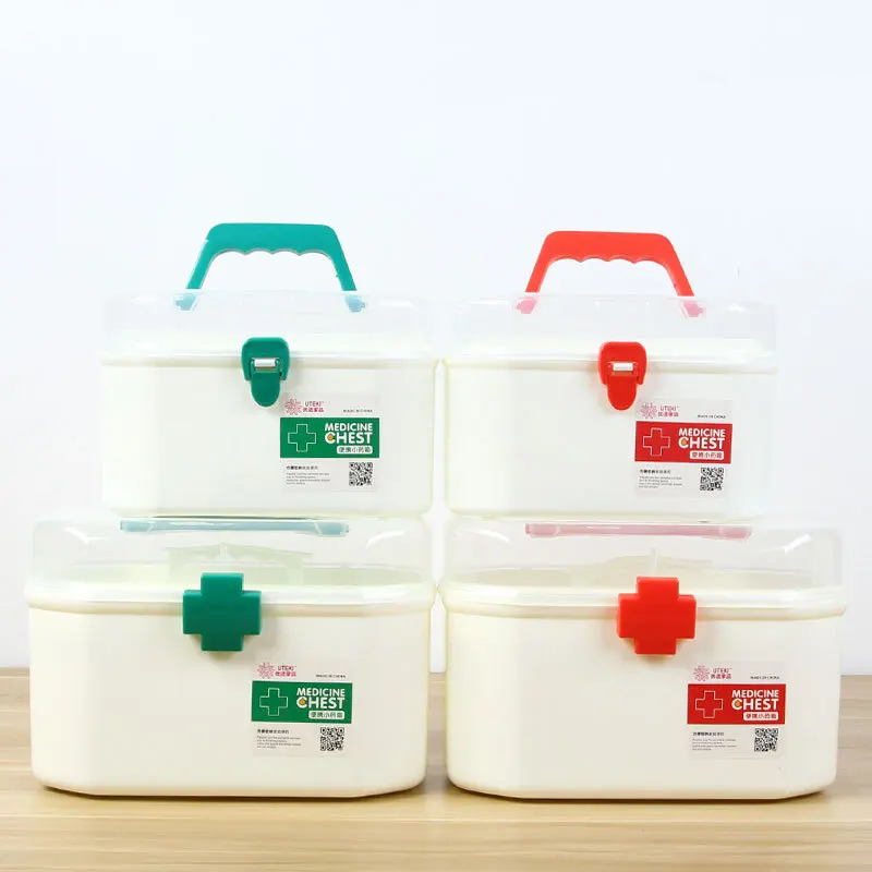 

2 color Medicine Box First Aid Kit Box Double Layer Box Hand Chest For Household Indoor 4 cells