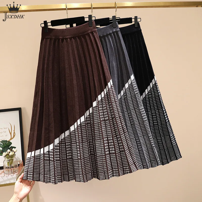 

2021Autumn Winter Knitted Skirt High Quality Women Fashion Houndstooth Plus Size Pleated Skirt Elastic High Wais Slim Midi Skirt
