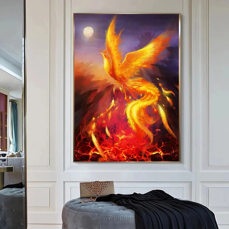 Плакат на холсте с изображением Луны красного желтого оранжевого Феникса огня