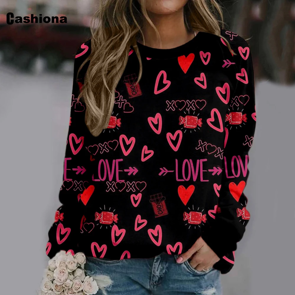Cashiona Plus Size Women Elegant Sweet Love Print T-shirt Long Sleeve Basic Tops 2022 Spring New Fashion Vintage Shirts Clothing