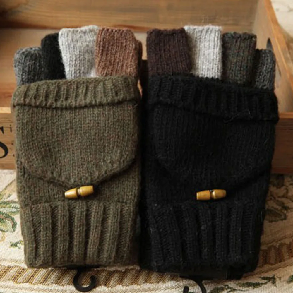 

Stitching Color With Flip Top Cycling Thickened Knitted Men Gloves Hiking Winter Gift Outdoor Sports Half Finger Mittens Warm
