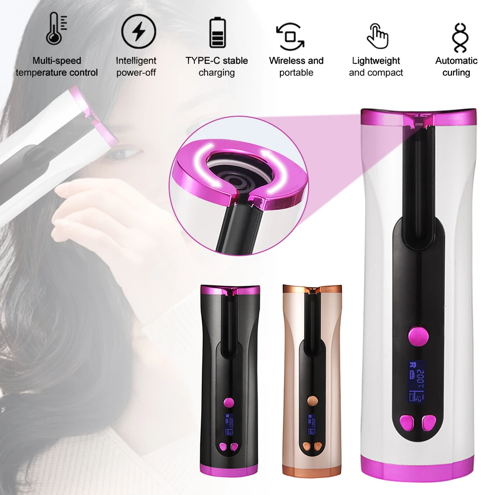 

Cordless Automatic Rotating Hair Curler USB Rechargeable Curling Iron LED Display Temperature Adjustable styling tool Wave Styer