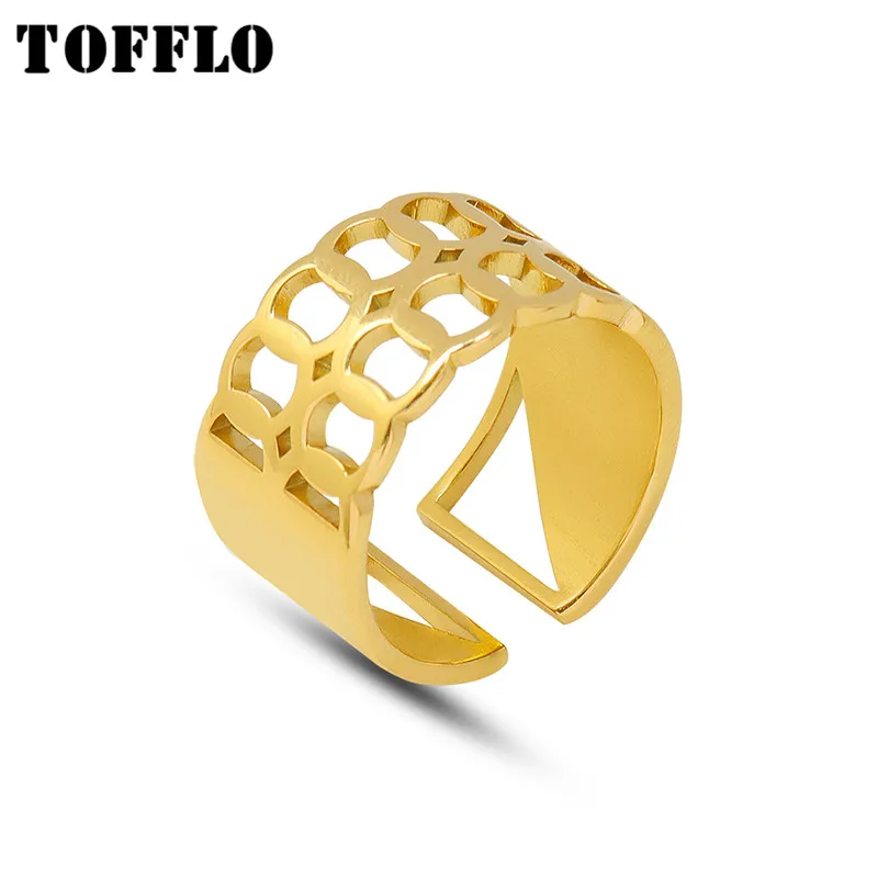 

TOFFLO Stainless Steel Jewelry Hollowed Out Honeycomb Geometric Splicing Open Ring 18 K Gold Lovers Ring BSA250