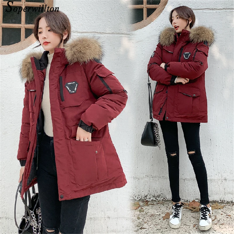 Утолщенная Хлопковая женская куртка зимняя теплая парка с большим натуральным мехом енота с капюшоном размера плюс женская верхняя одежда пальто