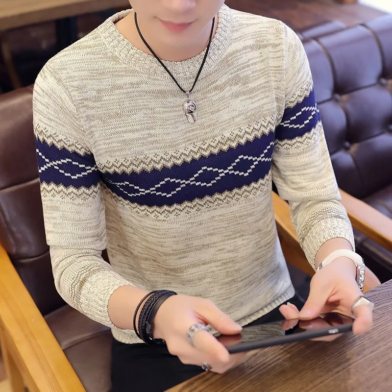 Корейский серый свитер и пуловеры, мужской вязаный свитер с длинным рукавом, высококачественные зимние пуловеры, мужское теплое темно-сине...