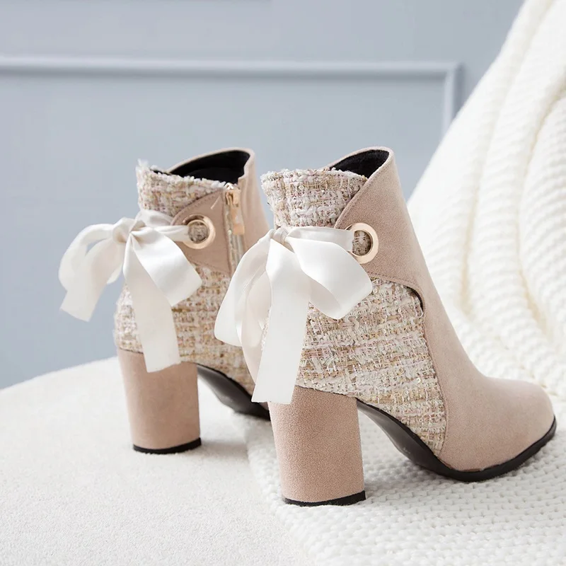 beige EGONERY/милые женские ботильоны лента с бантом женская обувь бежевого цвета на свадьбу, с бантом, модные женские на осень-зиму из флока; обувь на высоком каблуке - Цвет: beige