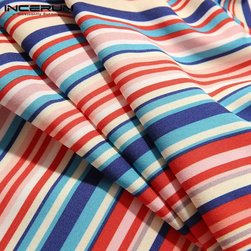 

INCERUN 2021 Summer Men Shirts Short Sleeve Colorful Striped Camisa Hawaiian Vocation Lapel Blouse Man Casual Buttons Shirts 5XL
