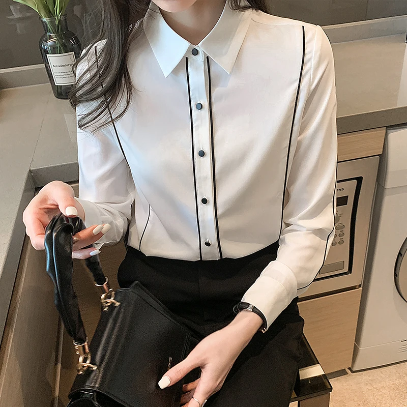 Ladies Blouse Fashion Women Interview Formal Blouses 2021 Spring Professional Long Sleeve Shirt Patchwork Contrast Color Tops
