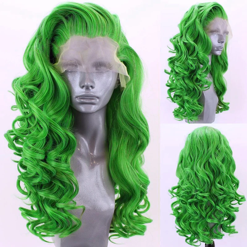 Charisma-Peluca de cabello sintético para mujer, pelo largo de onda profunda, malla frontal, fibra de alta temperatura, color rosa, parte libre, Verde