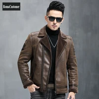 genuine leather jackets mens new short loose turn down collar zippers solid business casual fashion winter thicken fur coat