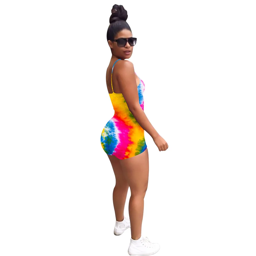 

Bodycon Tie Dyeing Printed Playsuits Spaghetti Strap Sleeveless Scoop Neck Bodysuits Summer Sexy Push Up Backless Women Rompers