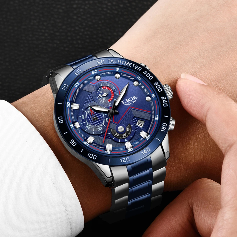 LIGE мужские часы Топ бренд большой циферблат спортивные s Роскошные Кварцевые