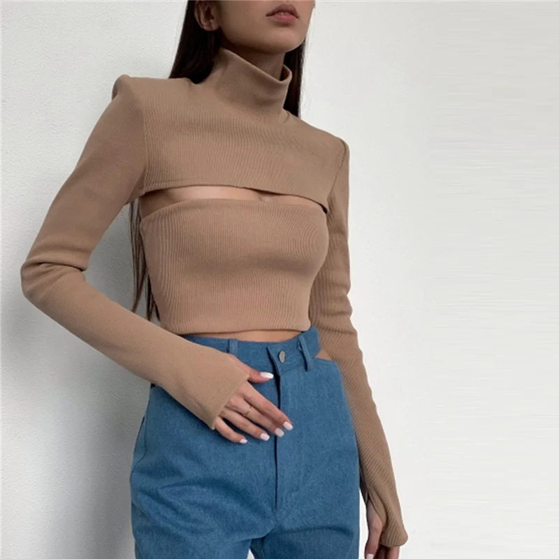 

Women's Solid Slim Crop Turtleneck Sweaters 2021 Autumn Long Sleeve Hollow Out Basic Sweater Pullovers Ladies Sexy Fashion Tops