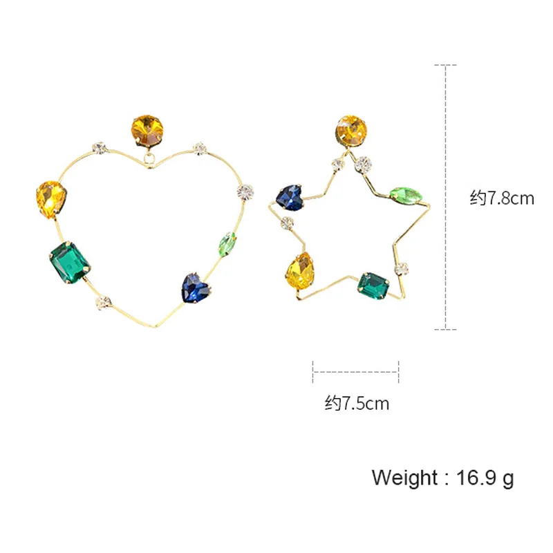 

USTAR Bling colorful Crystal Star Heart Drop Earrings for Women Asymmetric Dangle Earrings Statement Fashion Party Jewelry Gifts