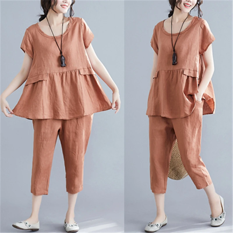 Хлопковый и льняной костюм женский 2020 летний модный новый большой размер