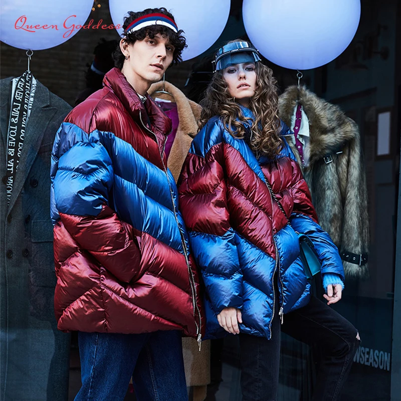 Зимний Большой женский яркий и блестящий материал теплый белый пуховик парки на