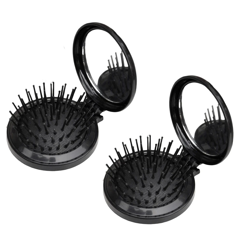 2 шт. складная щетка для волос путешествий Расческа с зеркалом макияжа круглая