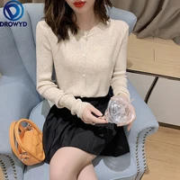 fashion o neck knitted cardigan women elegant pearl button short sweater jacket spring vintage long sleeve knitwear sweater tops