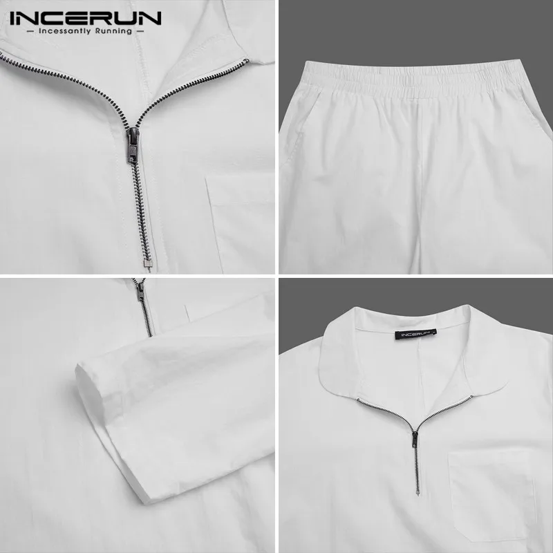 

INCERUN Fashion Solid Color Suits Mens Autumn Long Sleeve Lapel Tops Elastic Waist Pants 2 Pieces Man Leisure Cotton Loose Sets